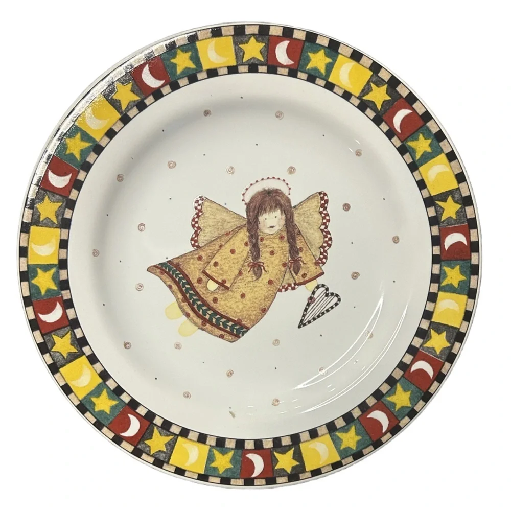 VTG Debbie Mumm whimsical country primitive Xmas angels 4 piece plates set NEW - Picture 4 of 10